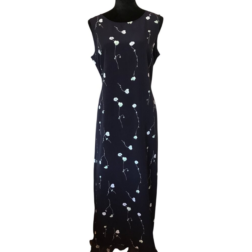 Norton McNaughton Sleeveless Maxi Dress Bottom Sheer Ruffle Navy White Floral L